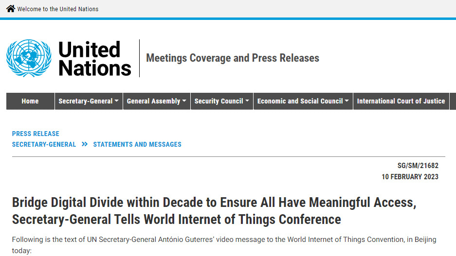【重磅快讯】联合国官网发布古特雷斯秘书长在第七届世界物联网大会的致辞