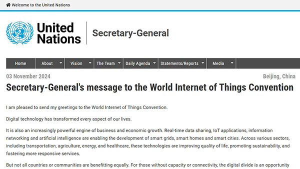 The Official Website of the United Nations Releases UN Secretary-General António Guterres’s Speech to the World Internet of Things Convention 2024